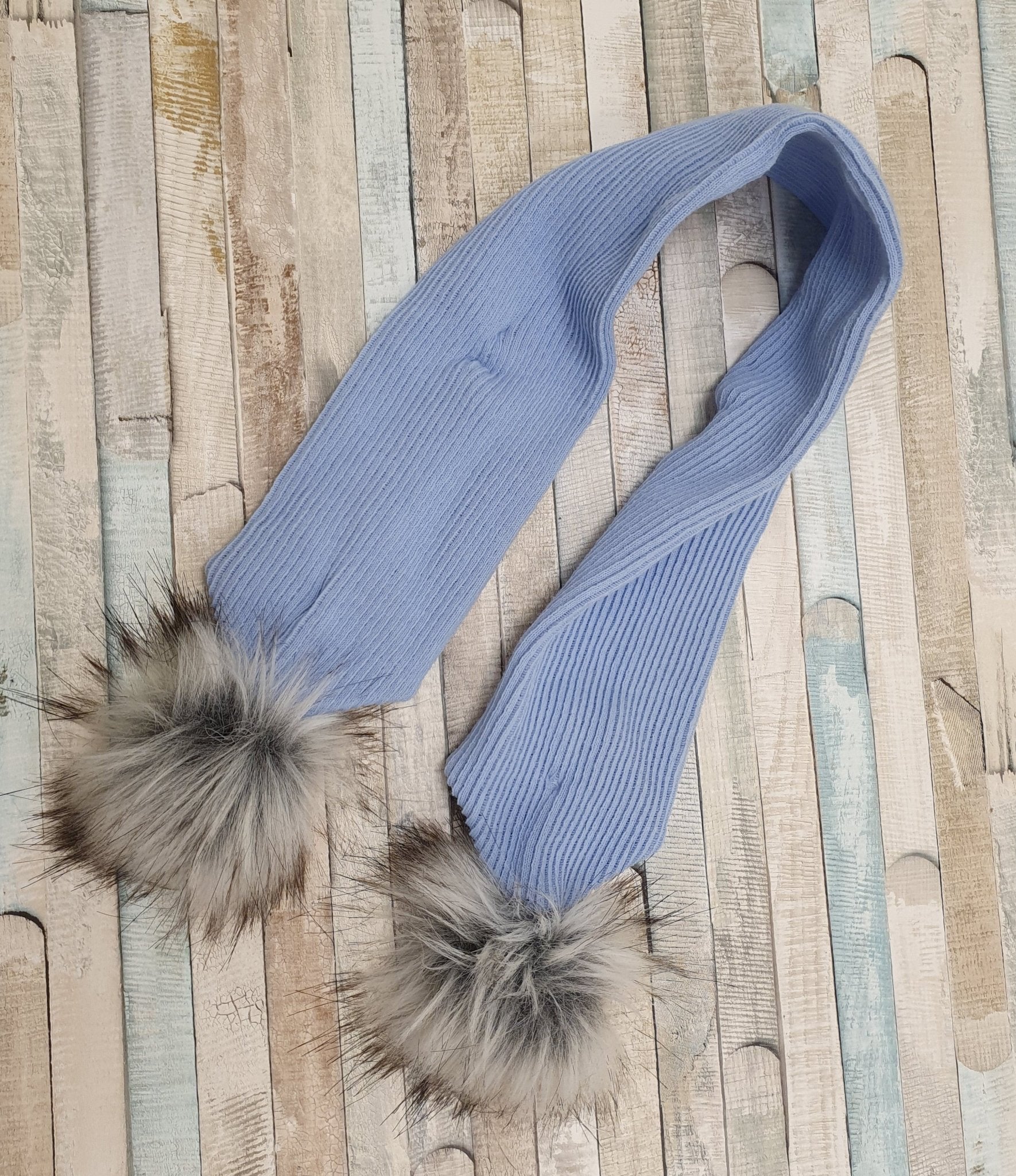Plain Blue Scarf With Grey Faux Fur Pom - Nana B Baby & Childrenswear Boutique