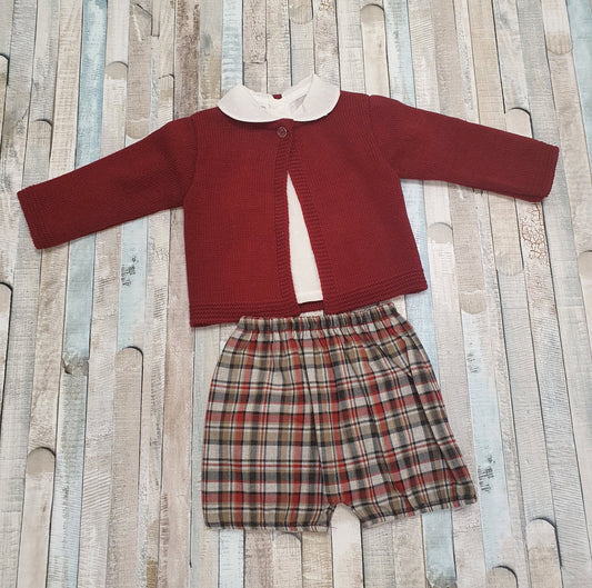 Red & Beige Short Set With White Shirt and Cardigan - Nana B Baby & Childrenswear Boutique