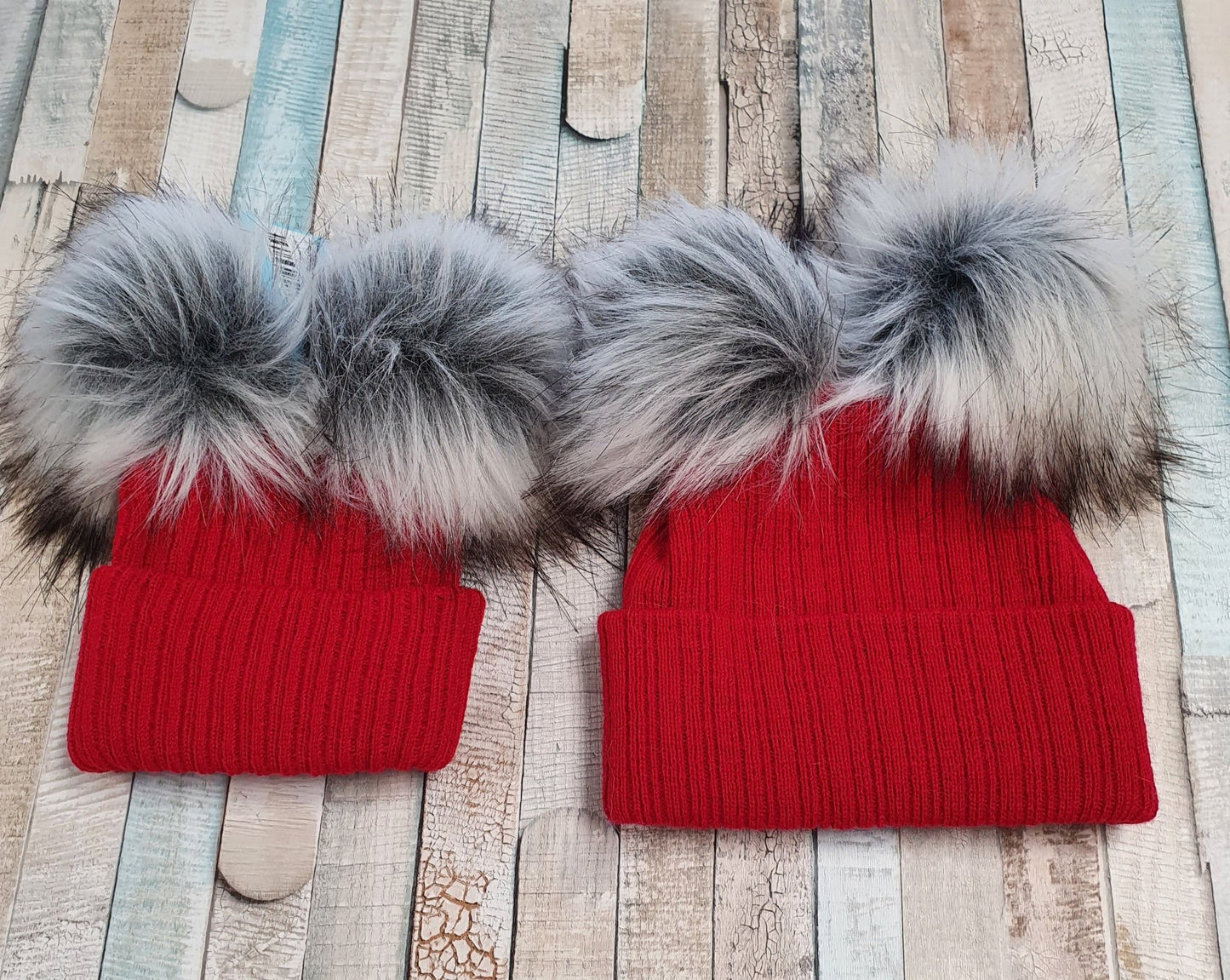 Red Knitted Double Grey Fluffy Faux Fur Pom Hat - Nana B Baby & Childrenswear Boutique
