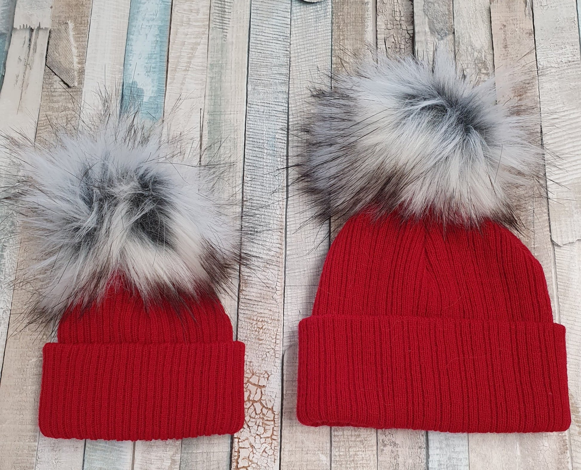 Red Knitted Single Grey Fluffy Faux Fur Pom Hat - Nana B Baby & Childrenswear Boutique