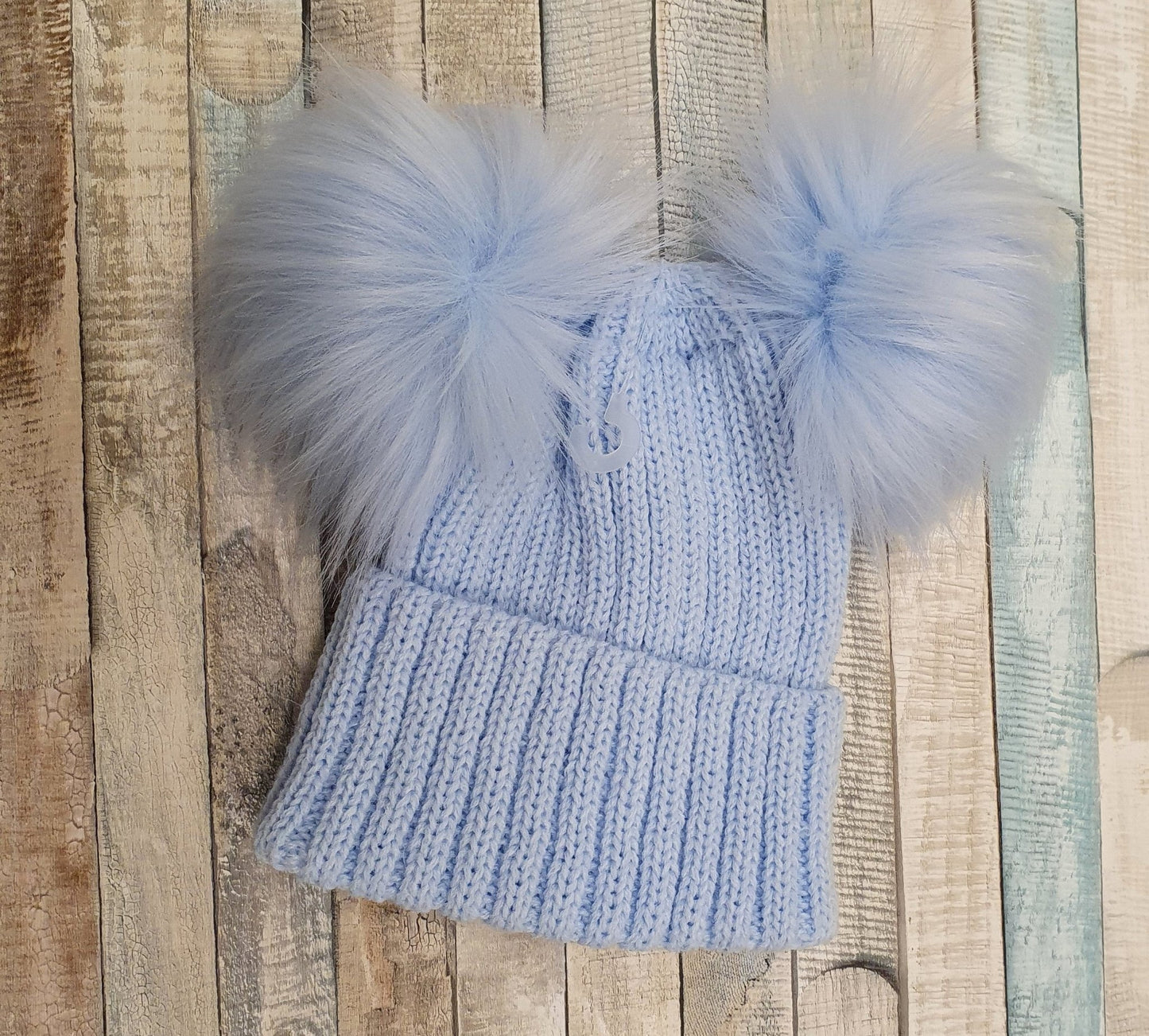 Thick Knitted Blue Double Fluffy Faux Fur Pom Hat - Nana B Baby & Childrenswear Boutique