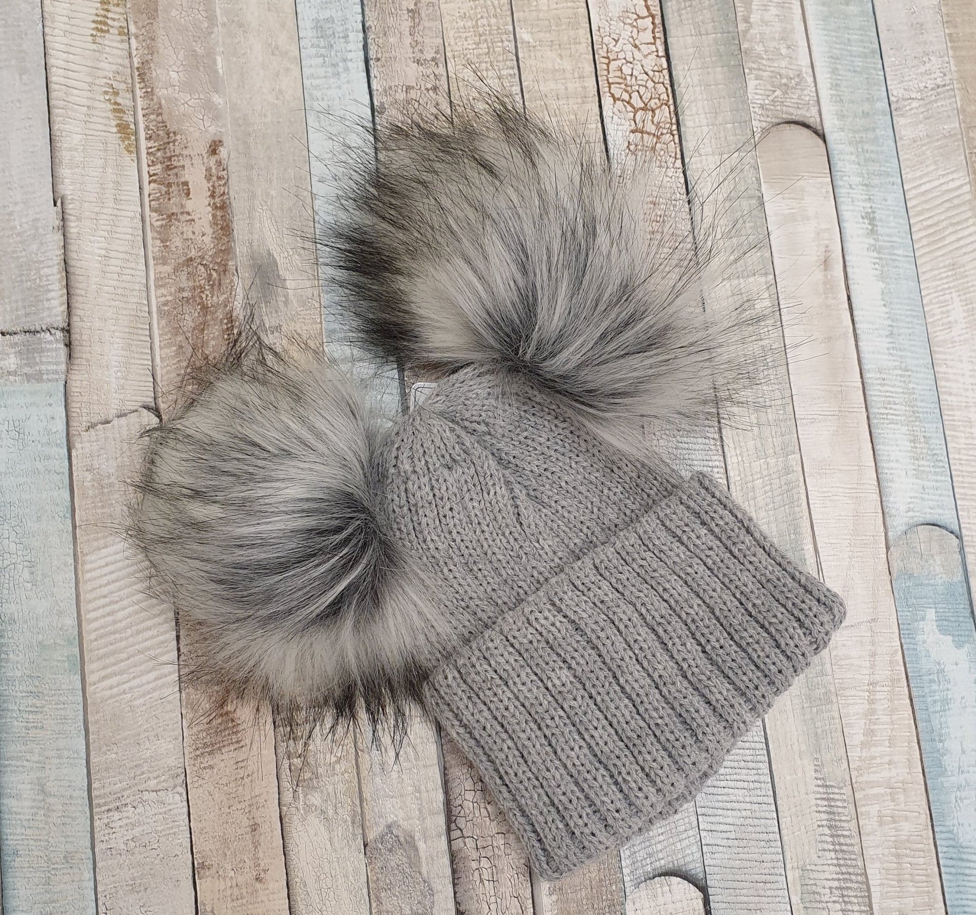 Thick Knitted Grey Double Fluffy Faux Fur Pom Hat - Nana B Baby & Childrenswear Boutique