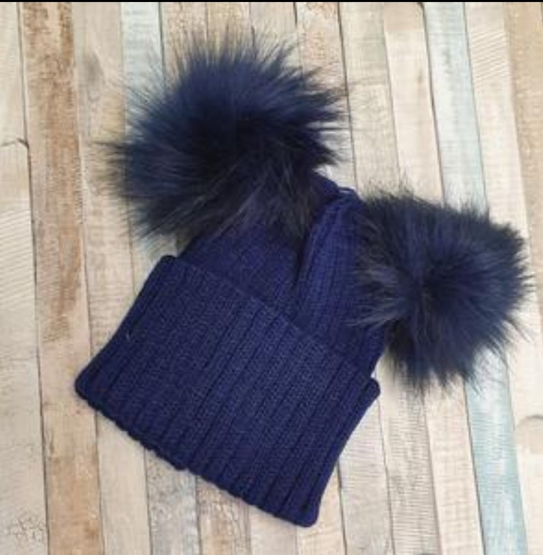 Thick Knitted Navy Double Navy Fluffy Faux Fur Pom Hat - Nana B Baby & Childrenswear Boutique