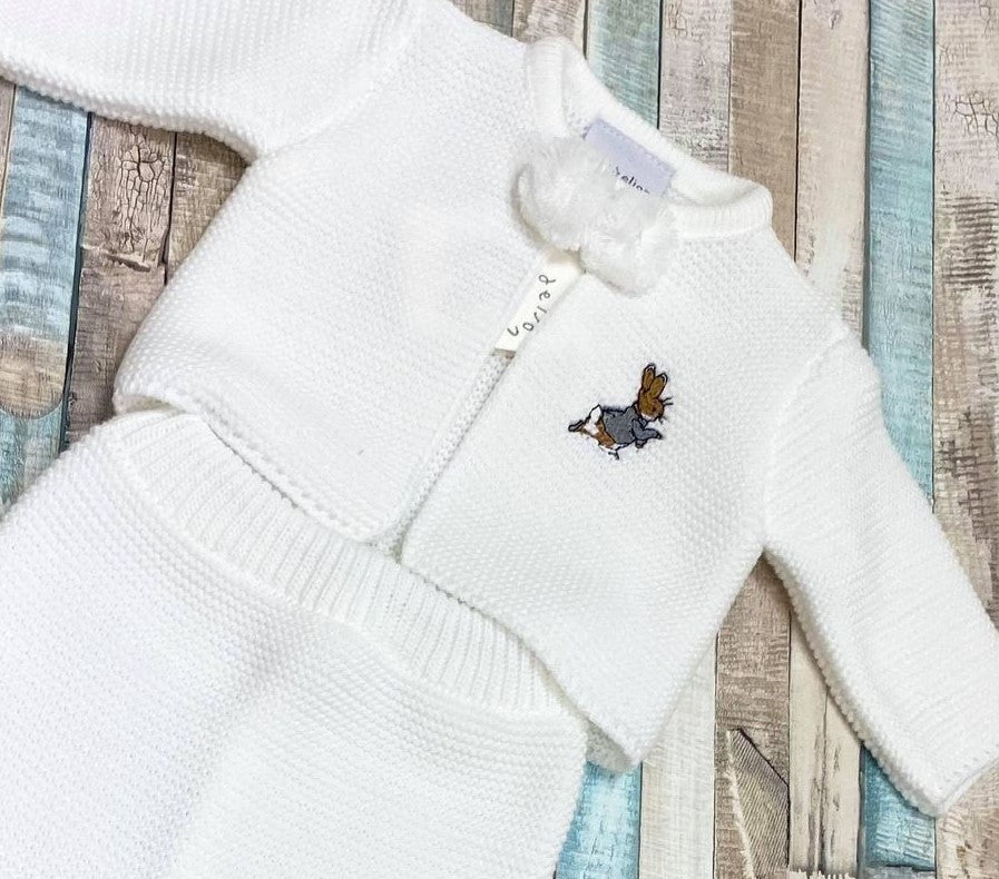 Unisex Baby White Knitted Pom Set With Embroidered Rabbit Design - Nana B Baby & Childrenswear Boutique