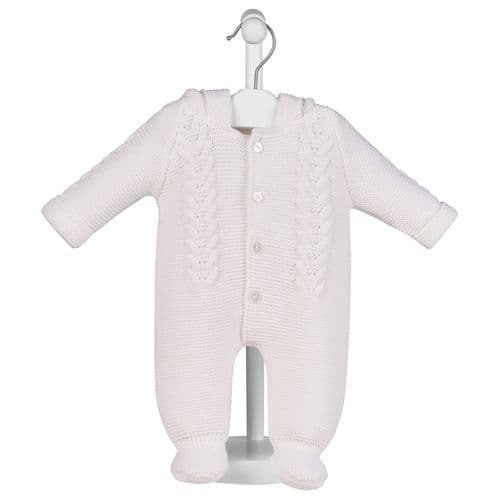 Unisex White Cable Knit Hooded Pramsuit - Nana B Baby & Childrenswear Boutique