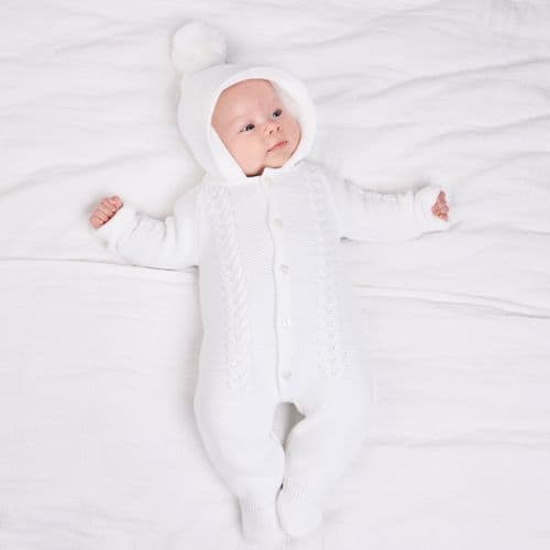 Unisex White Cable Knit Hooded Pramsuit - Nana B Baby & Childrenswear Boutique