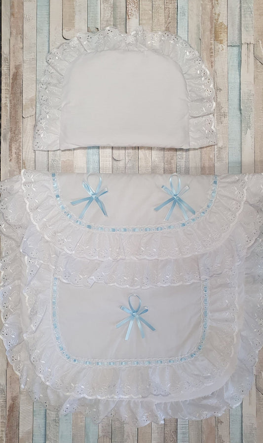 White And Blue Broderie Anglaise Pram Set - Nana B Baby & Childrenswear Boutique
