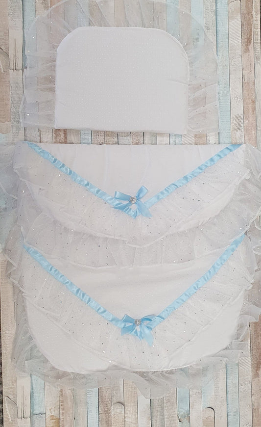 White And Blue Organza Lace Pram Set - Nana B Baby & Childrenswear Boutique