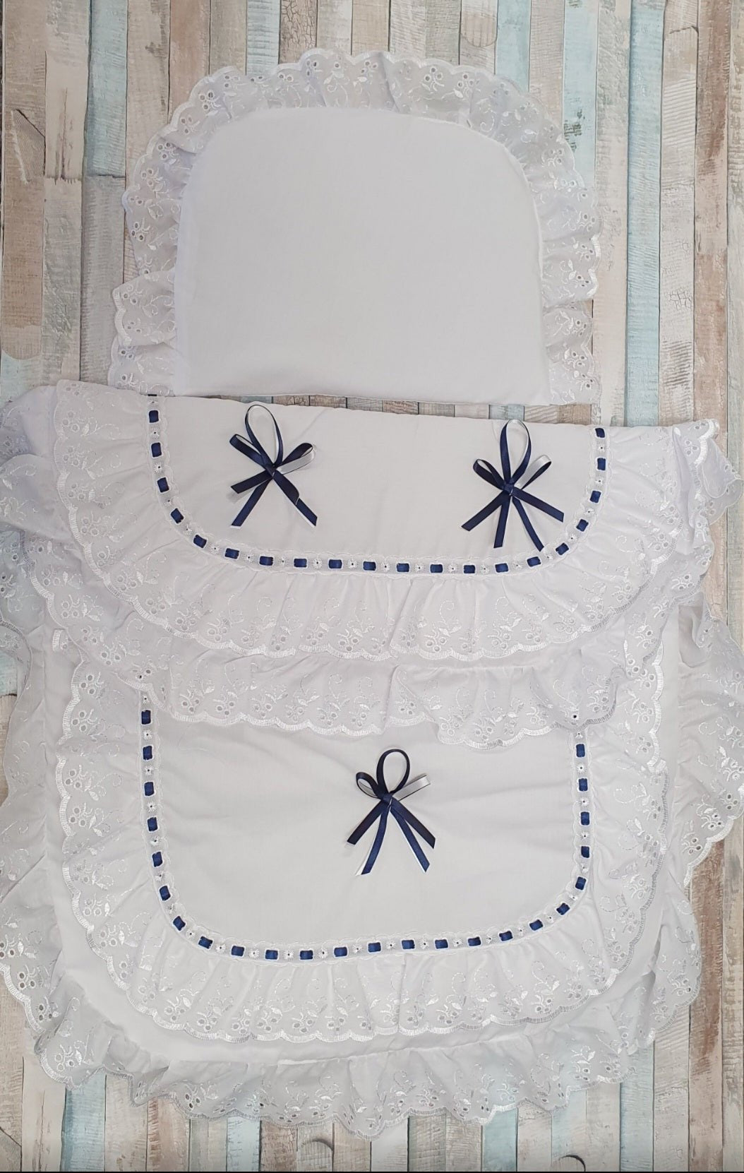 White And Navy Broderie Anglaise Pram Set - Nana B Baby & Childrenswear Boutique
