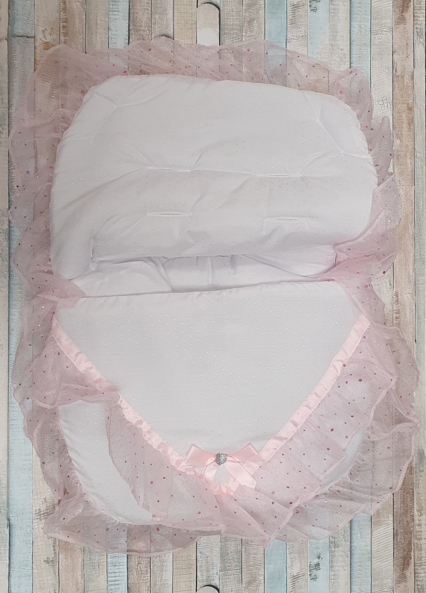 White And Pink Organza Sparkle & Lace Car Seat Footmuff /Cosytoes - Nana B Baby & Childrenswear Boutique