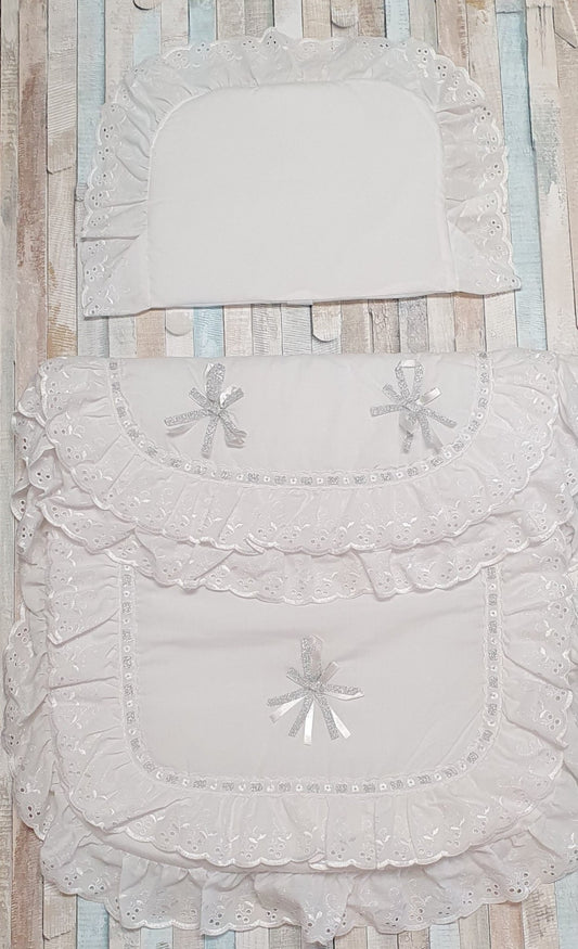White And Silver Broderie Anglaise Pram Set - Nana B Baby & Childrenswear Boutique