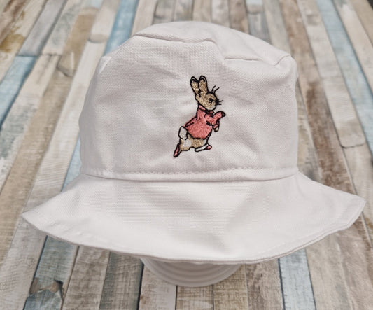 White Baby Cotton Bucket Hat With Pink Rabbit - Nana B Baby & Childrenswear Boutique