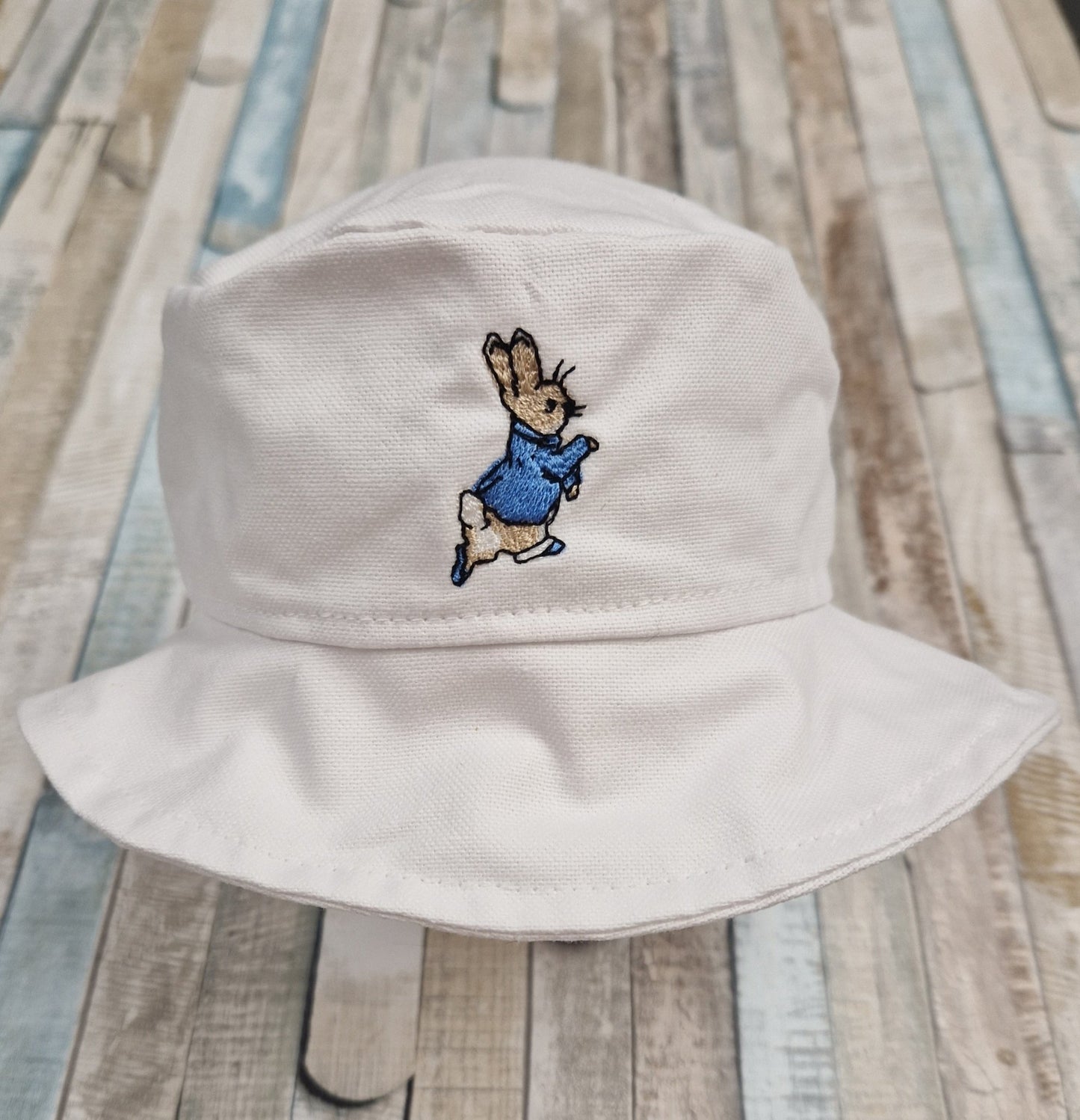 White Baby Cotton Embroidred Bucket Hat With Blue Rabbit - Nana B Baby & Childrenswear Boutique