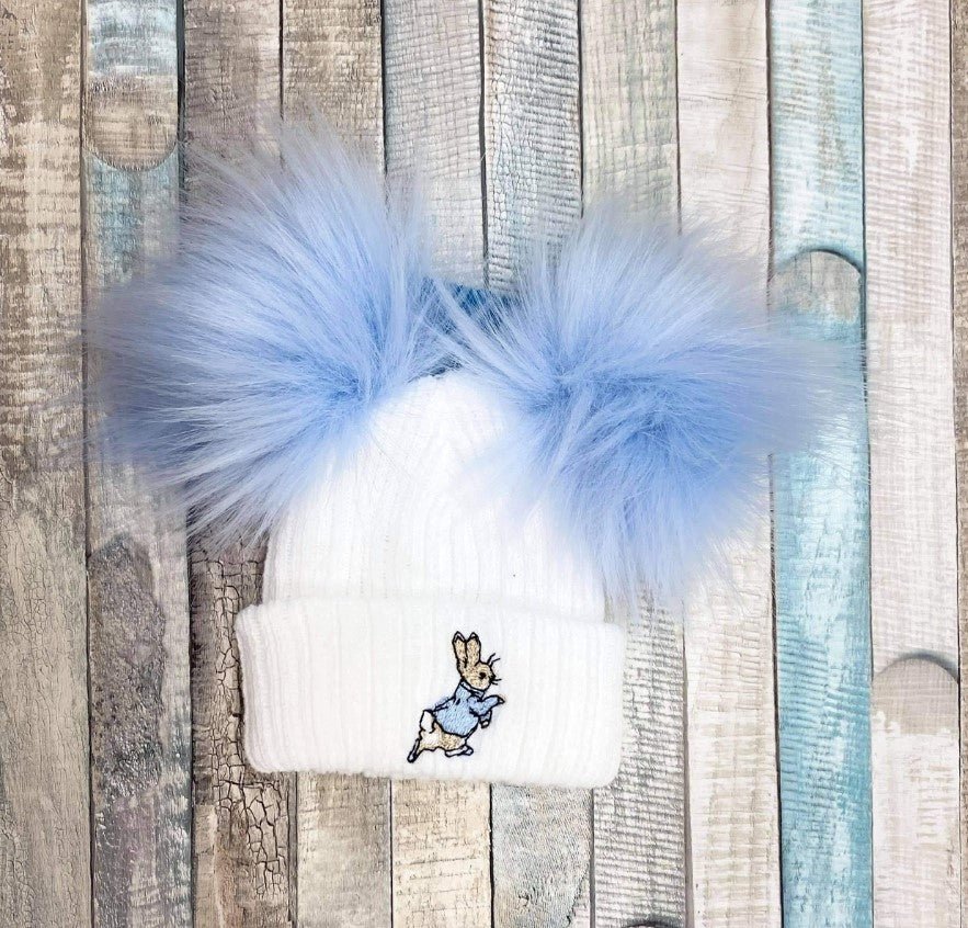 White Double Blue Fluffy Faux Fur Pom Hat With Blue Rabbit - Nana B Baby & Childrenswear Boutique