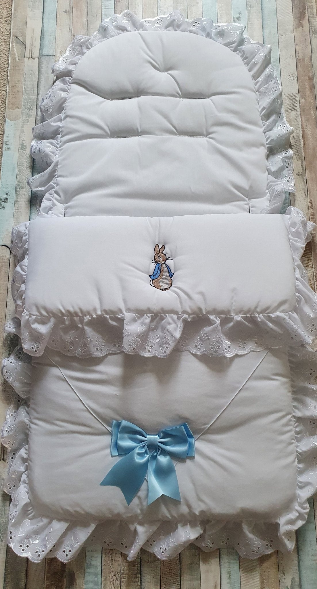 White Footmuff/Cosytoes With Blue Embroidered Rabbit - Nana B Baby & Childrenswear Boutique
