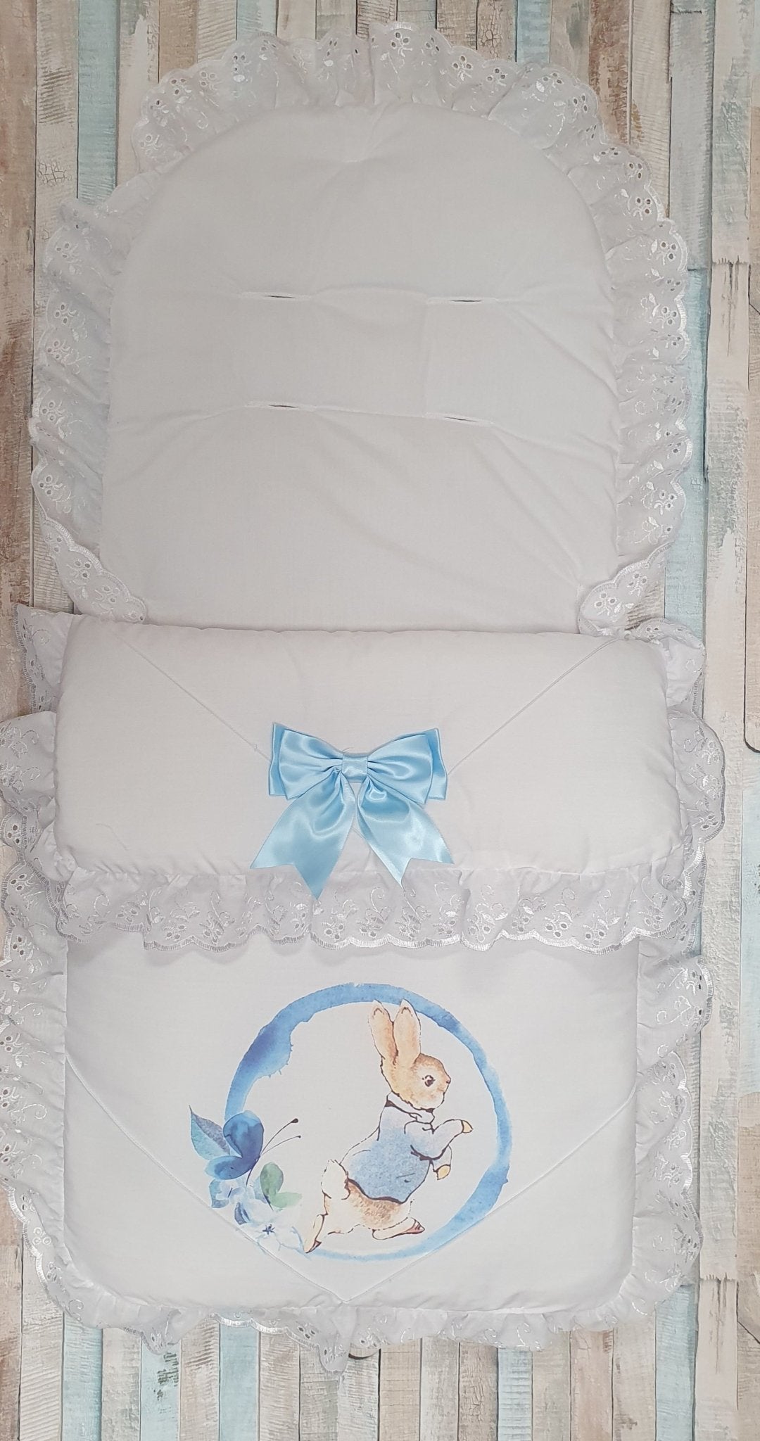 White Footmuff/Cosytoes With Blue Printed Rabbit - Nana B Baby & Childrenswear Boutique