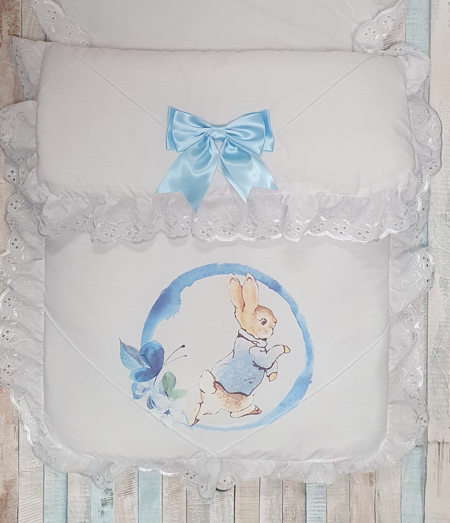 White Footmuff/Cosytoes With Blue Printed Rabbit - Nana B Baby & Childrenswear Boutique