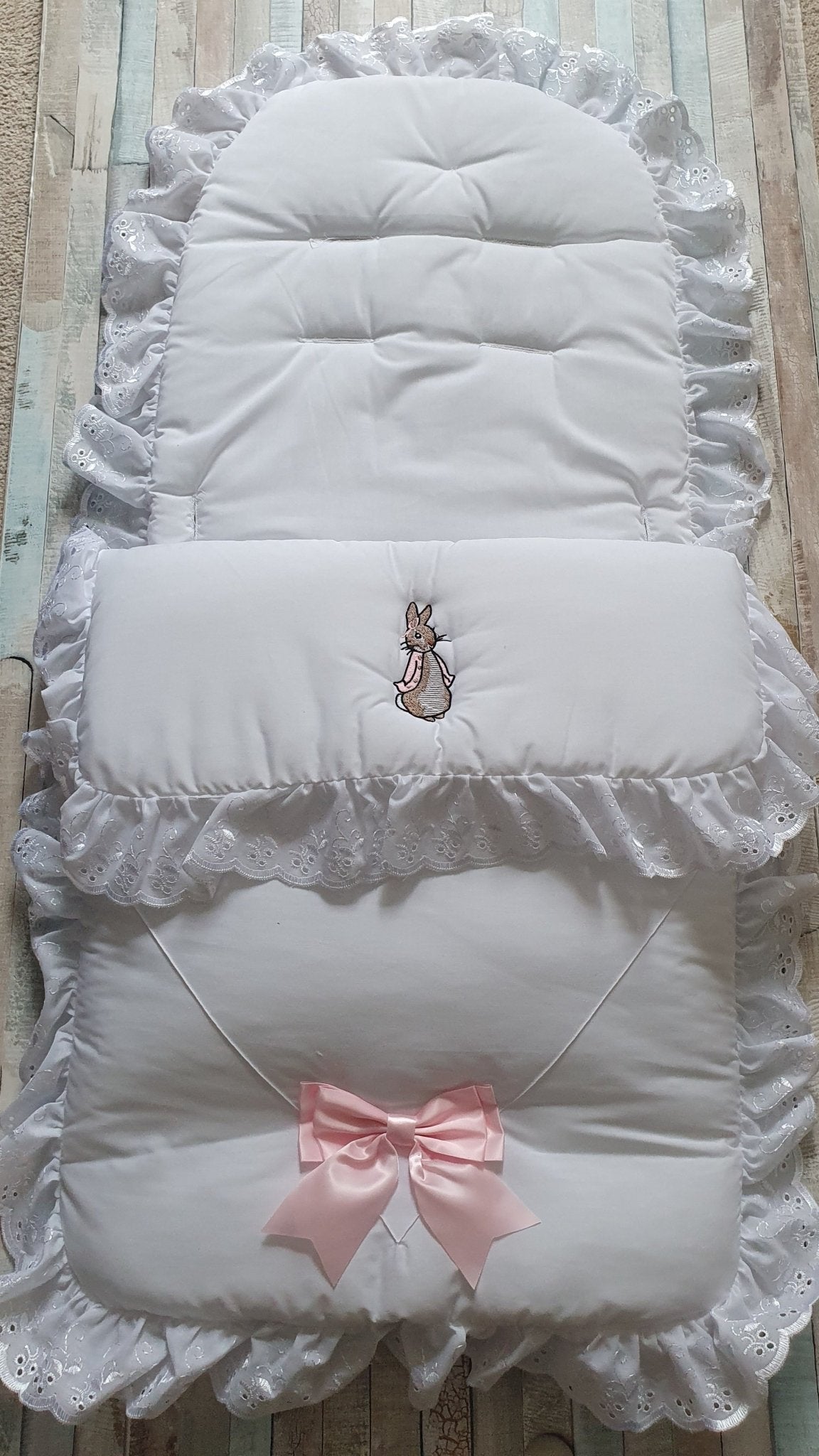 White Footmuff/Cosytoes With Pink Rabbit - Nana B Baby & Childrenswear Boutique
