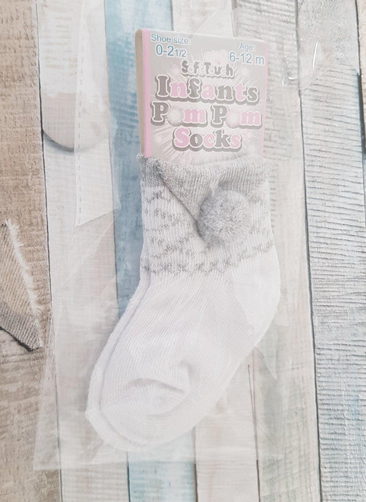 White & Grey Trimmed Pom Pom Socks - Nana B Baby & Childrenswear Boutique