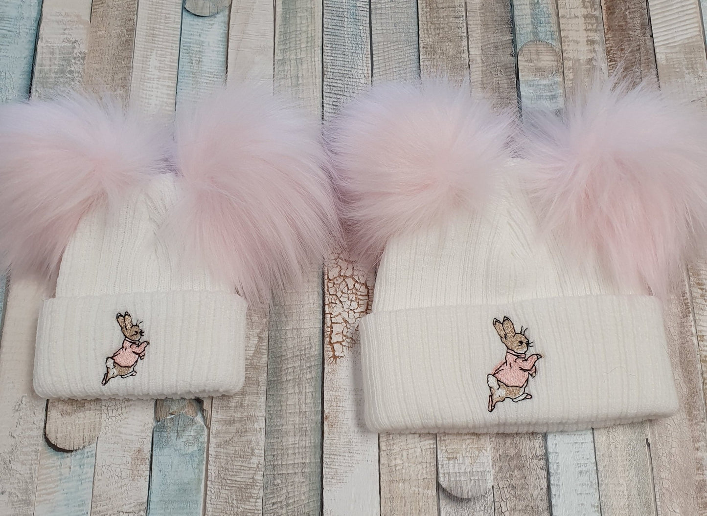 White Hat With Pink Rabbit Double Pink Fluffy Faux Fur Pom Pom Hat - Nana B Baby & Childrenswear Boutique