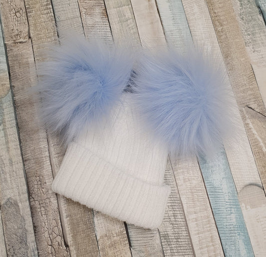 White Knitted Double Blue Fluffy Faux Fur Pom Hat - Nana B Baby & Childrenswear Boutique