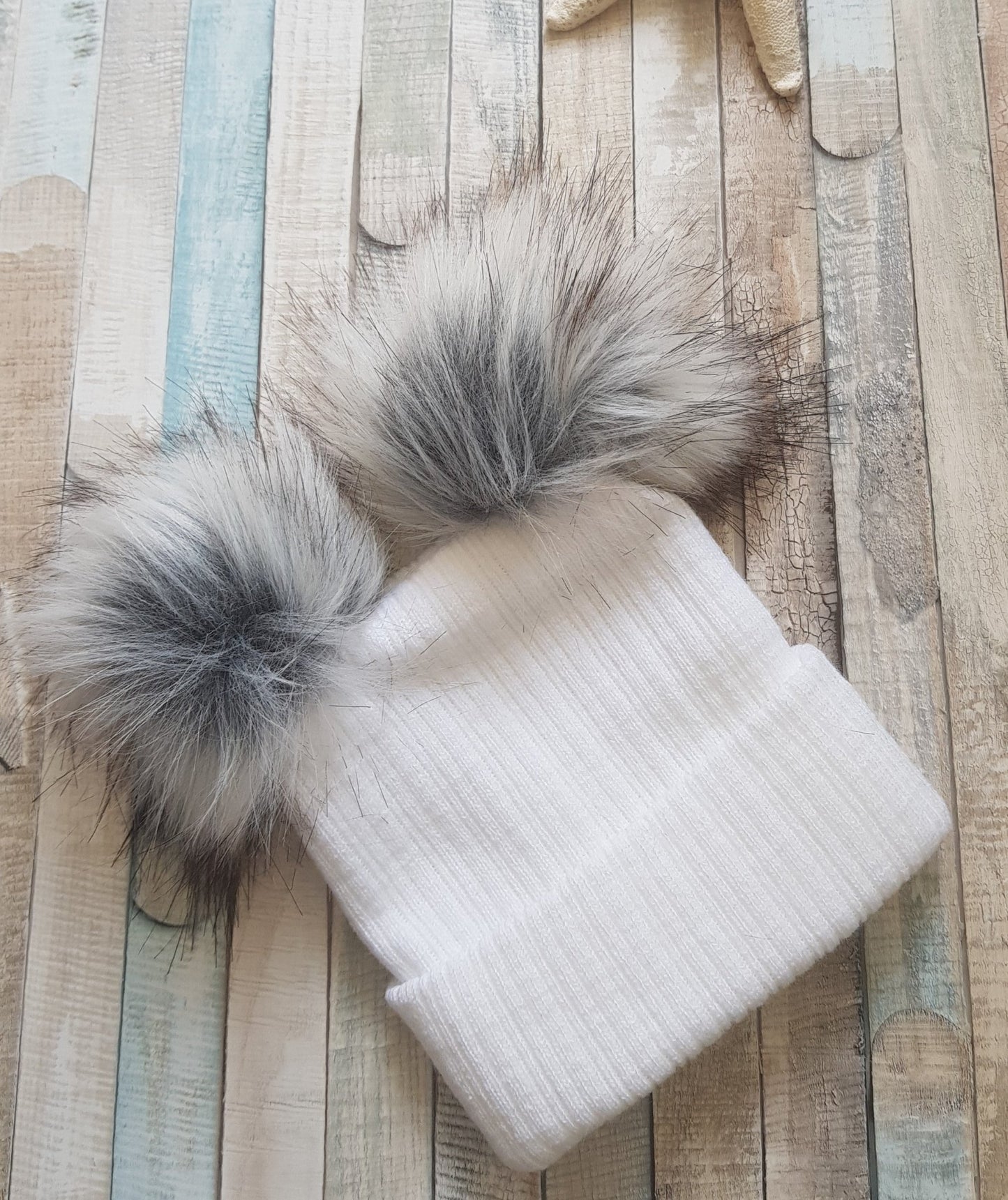 White Knitted Double Grey Fluffy Faux Fur Pom Hat - Nana B Baby & Childrenswear Boutique