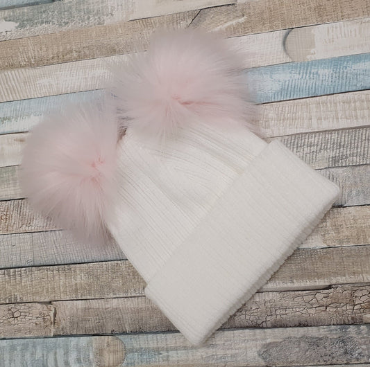 White Knitted Double Pink Fluffy Faux Fur Pom Hat - Nana B Baby & Childrenswear Boutique
