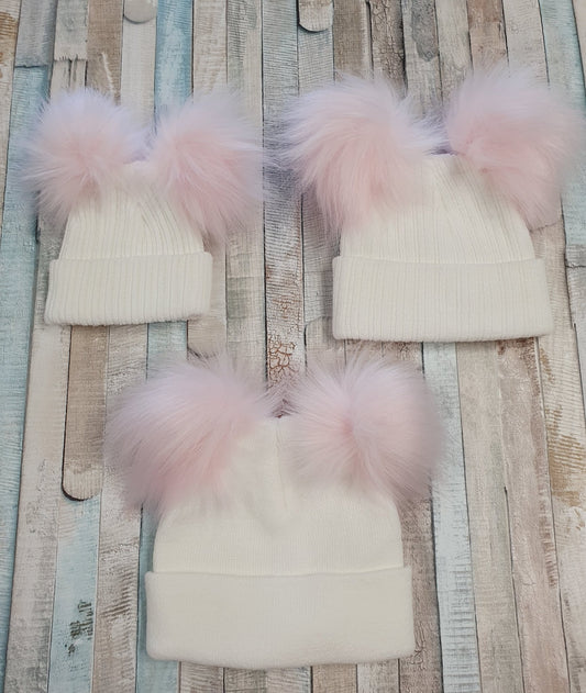White Knitted Double Pink Fluffy Faux Fur Pom Hat - Nana B Baby & Childrenswear Boutique