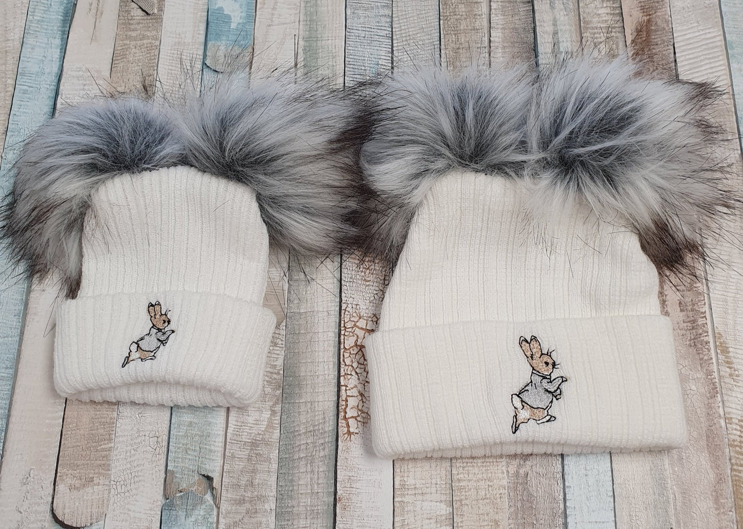 White Knitted Grey Rabbit Double Grey Fluffy Faux Fur Pom Hat - Nana B Baby & Childrenswear Boutique