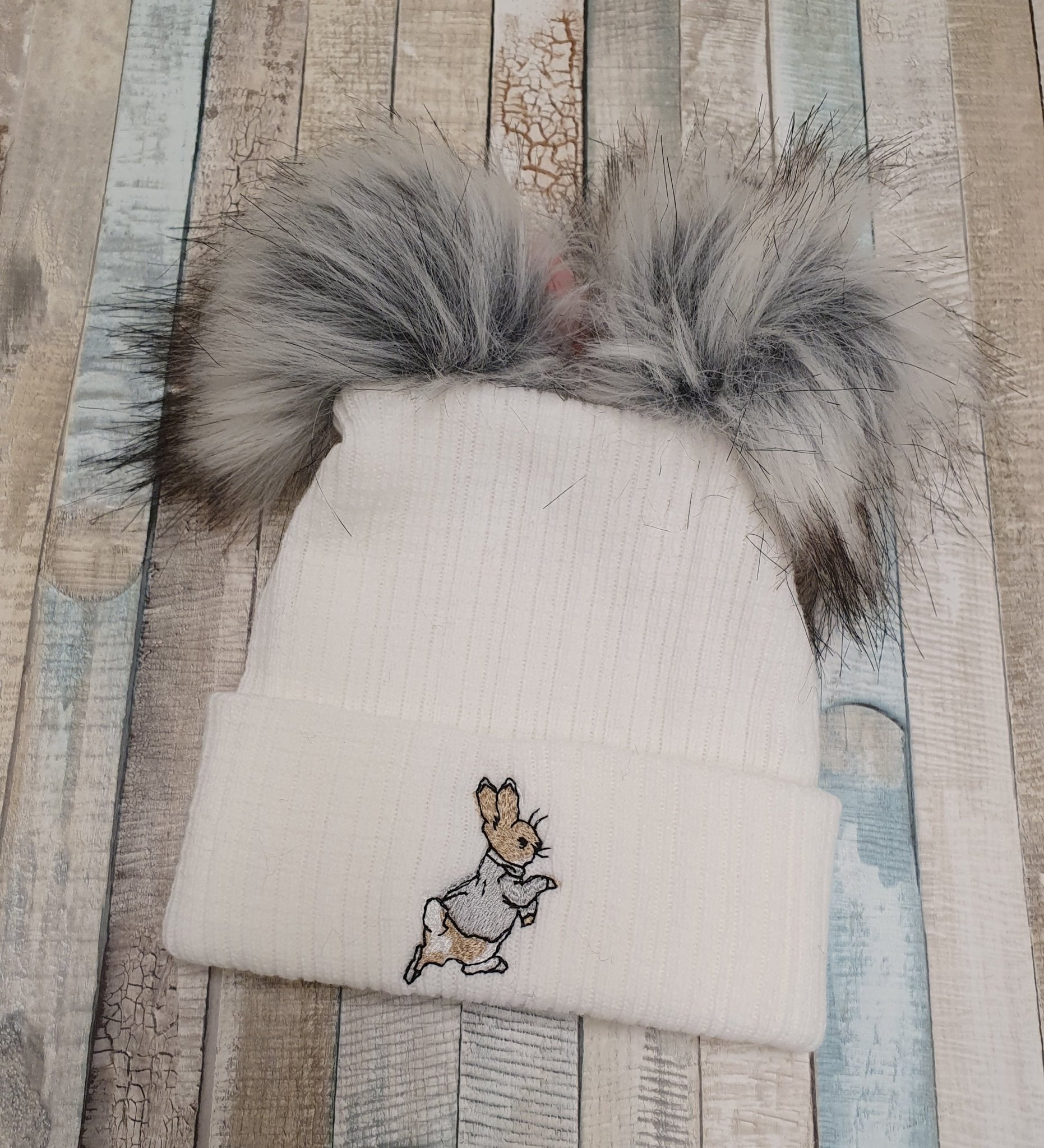 White Knitted Grey Rabbit Double Grey Fluffy Faux Fur Pom Hat - Nana B Baby & Childrenswear Boutique