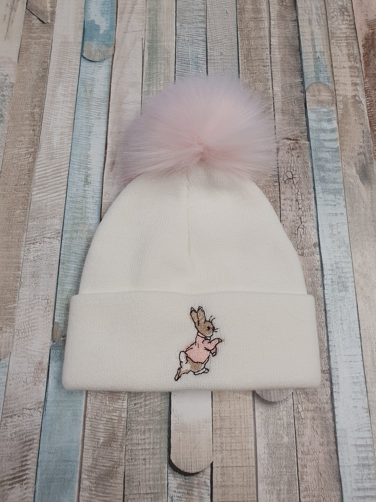 White Knitted Pink Rabbit Pink Fluffy Faux Fur Pom Hat - Nana B Baby & Childrenswear Boutique