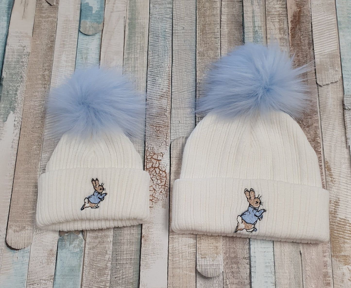 White Knitted Rabbit Hat Blue Fluffy Faux fur Pom - Nana B Baby & Childrenswear Boutique