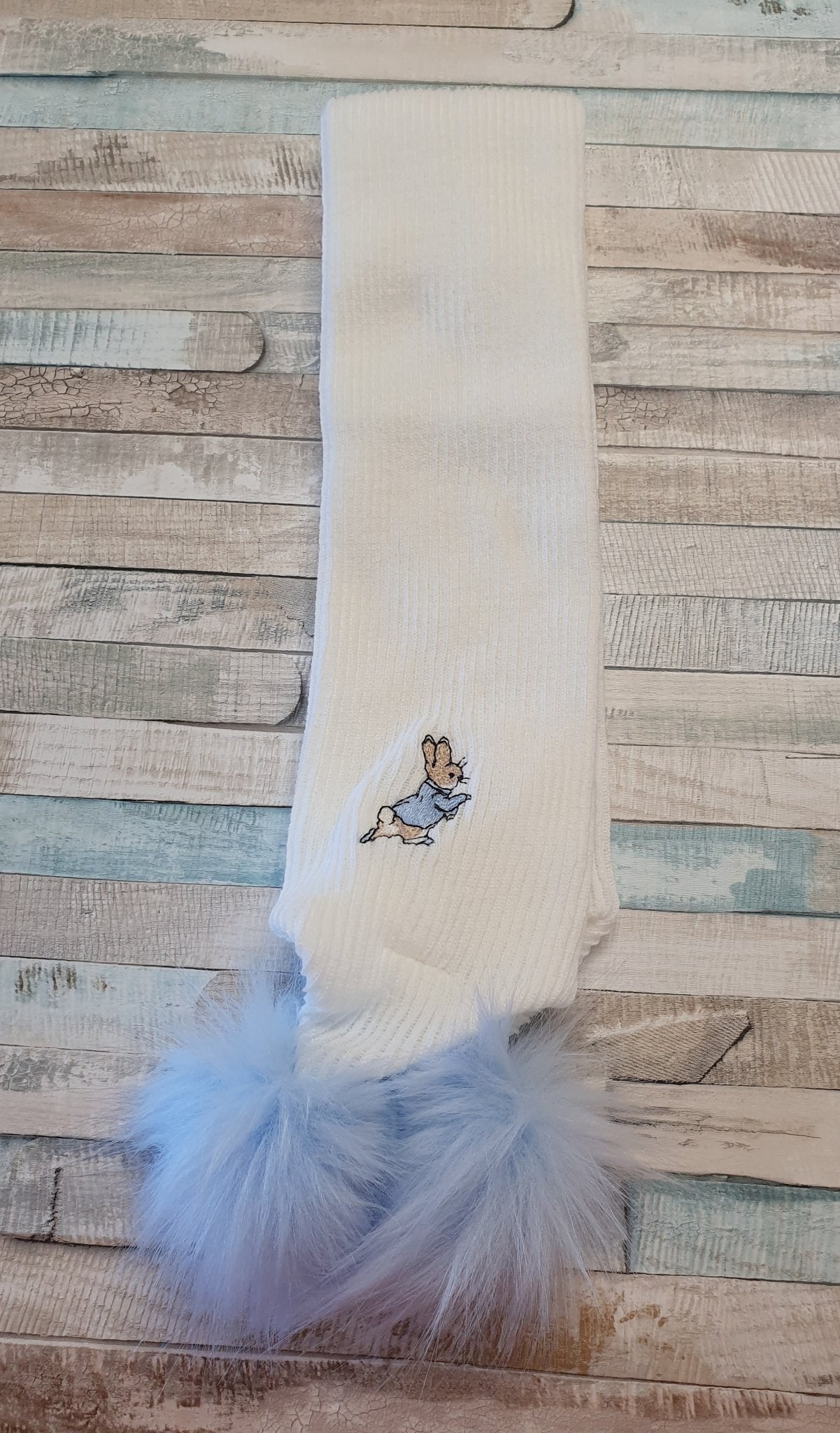 White Knitted Rabbit Scarf With Blue Fluffy Faux Fur Pom Pom - Nana B Baby & Childrenswear Boutique