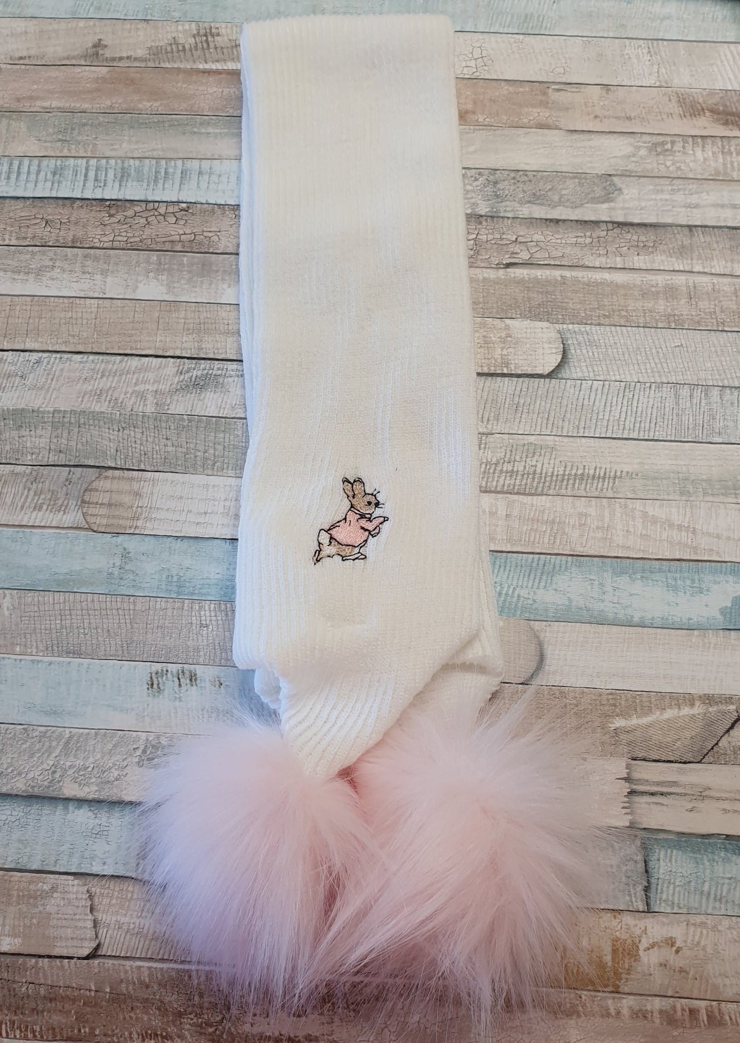 White Knitted Rabbit Scarf With Pink Fluffy Faux Fur Pom Pom - Nana B Baby & Childrenswear Boutique