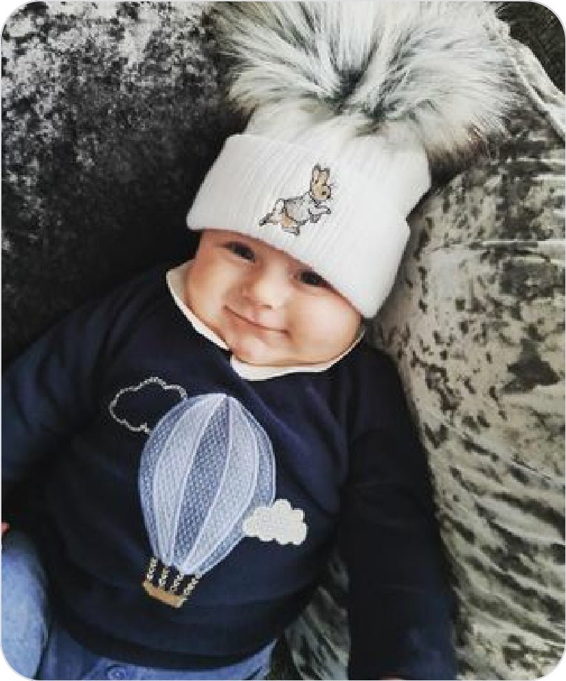 White Knitted Rabbit Single Grey Fluffy Faux Fur Pom Hat - Nana B Baby & Childrenswear Boutique