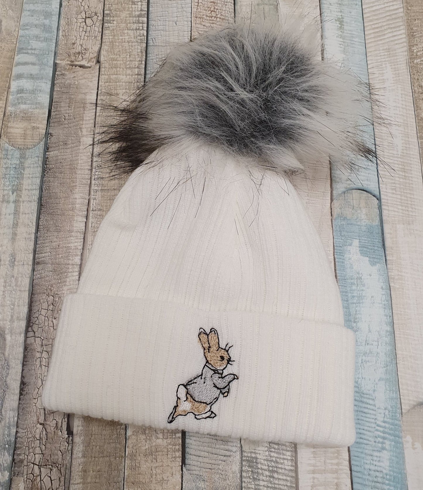 White Knitted Rabbit Single Grey Fluffy Faux Fur Pom Hat - Nana B Baby & Childrenswear Boutique