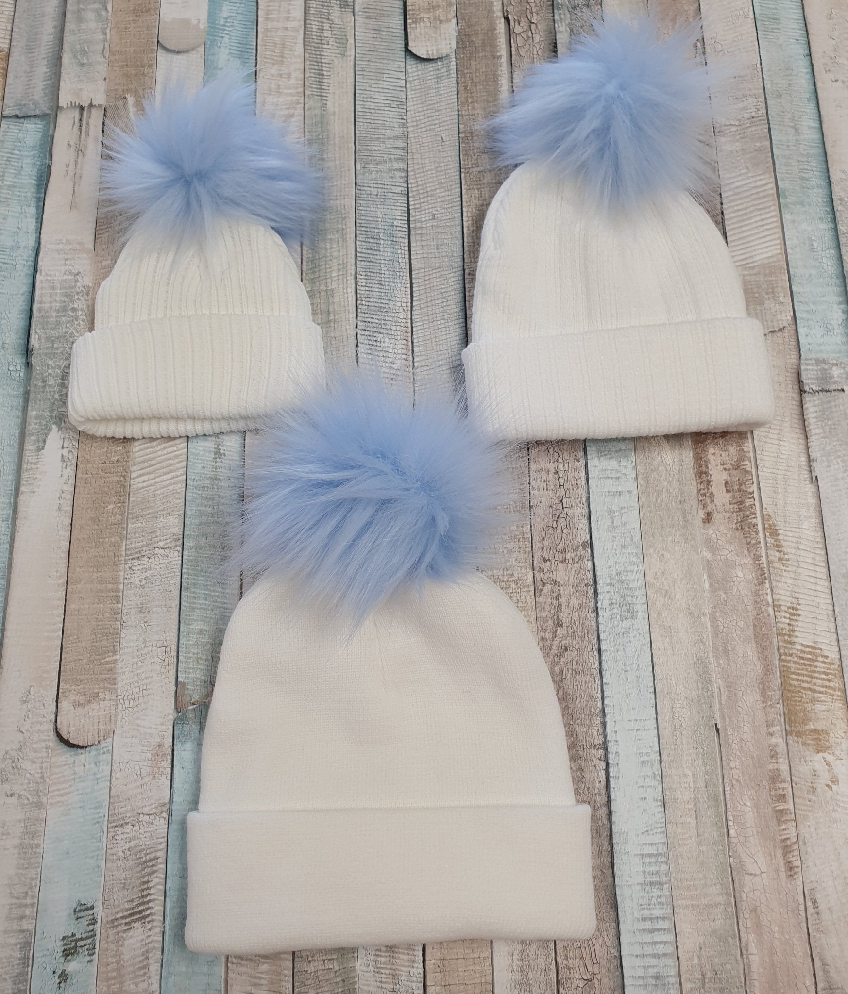 White Knitted Single Blue Fluffy Faux Fur Pom Hat - Nana B Baby & Childrenswear Boutique