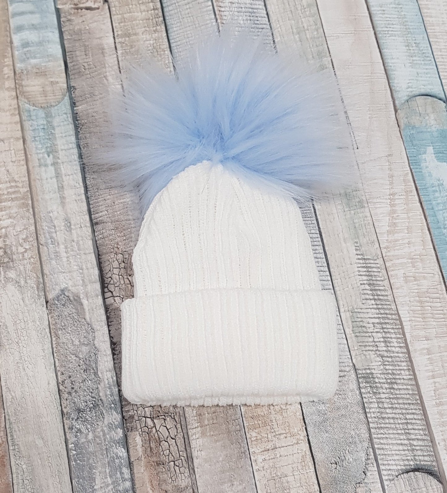 White Knitted Single Blue Fluffy Faux Fur Pom Hat - Nana B Baby & Childrenswear Boutique