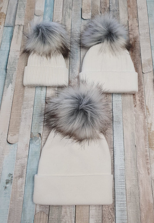 White Knitted Single Grey Fluffy Faux Fur Pom Hat - Nana B Baby & Childrenswear Boutique