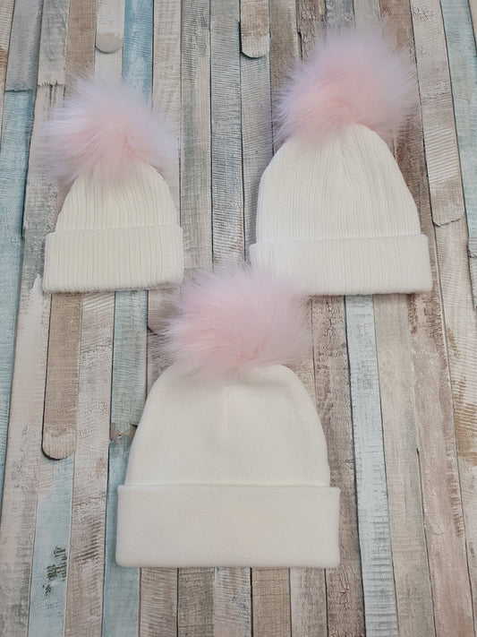 White Knitted Single Pink Fluffy Faux Fur Pom Hat - Nana B Baby & Childrenswear Boutique