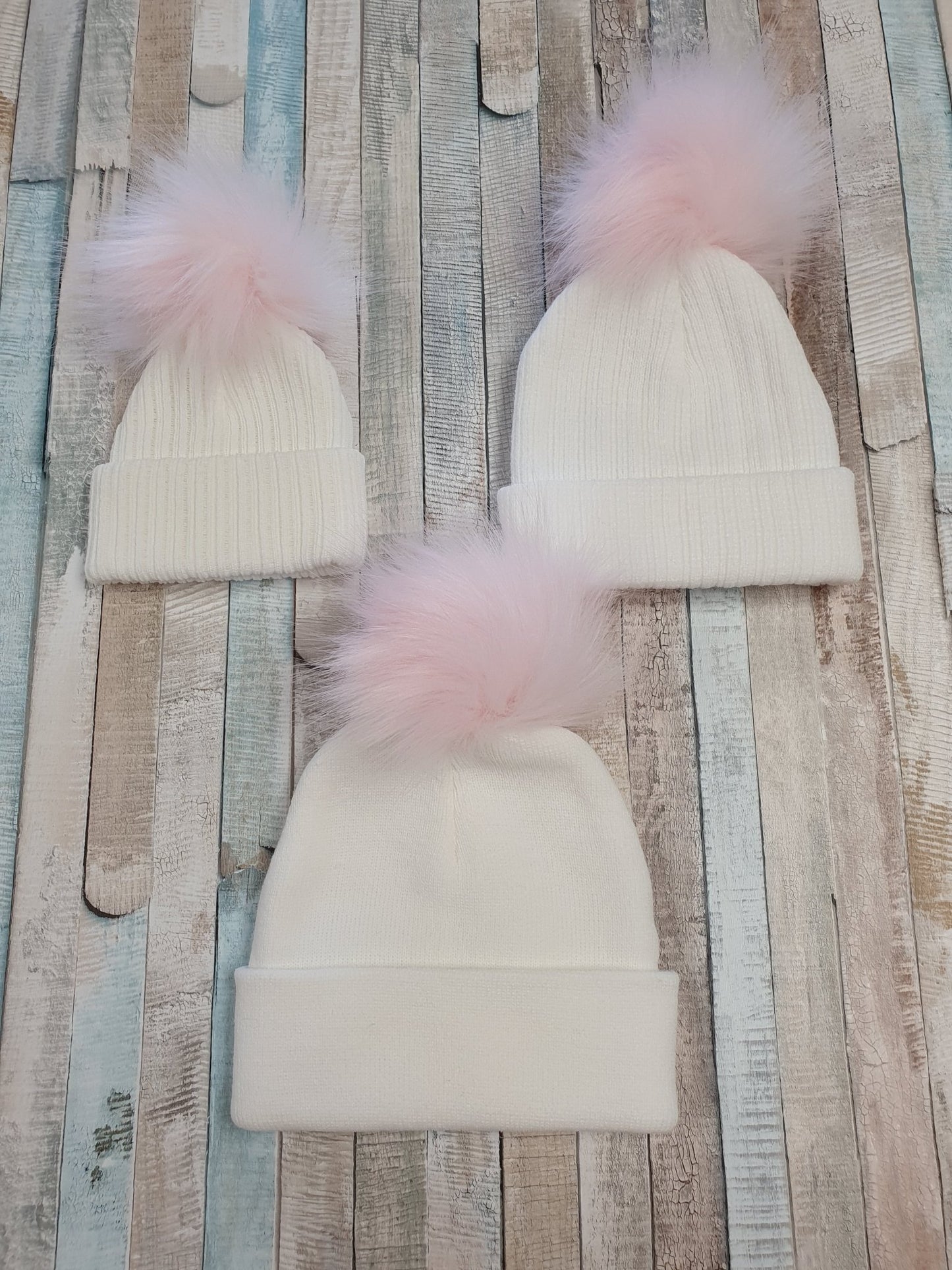 White Knitted Single Pink Fluffy Faux Fur Pom Hat - Nana B Baby & Childrenswear Boutique