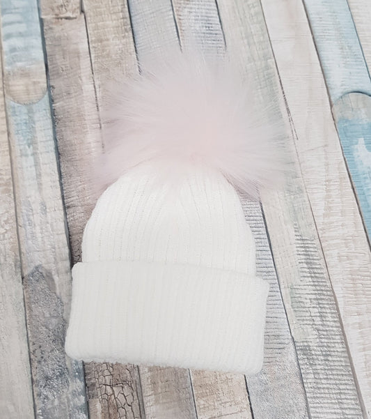 White Knitted Single Pink Fluffy Faux Fur Pom Hat - Nana B Baby & Childrenswear Boutique