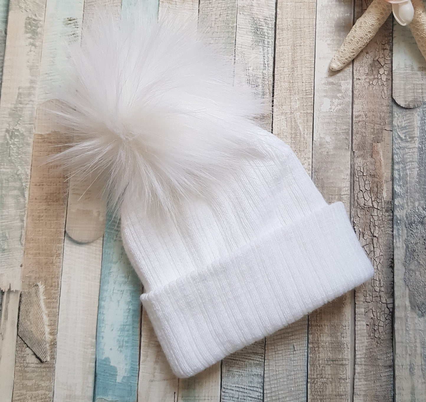 White Knitted Single White Fluffy Faux Fur Pom Hat - Nana B Baby & Childrenswear Boutique