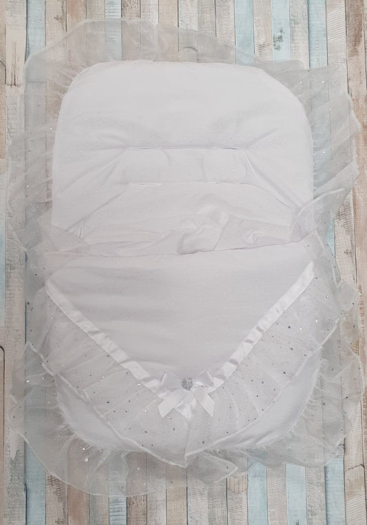 White Organza Sparkle & Lace Car Seat Footmuff /Cosytoes - Nana B Baby & Childrenswear Boutique