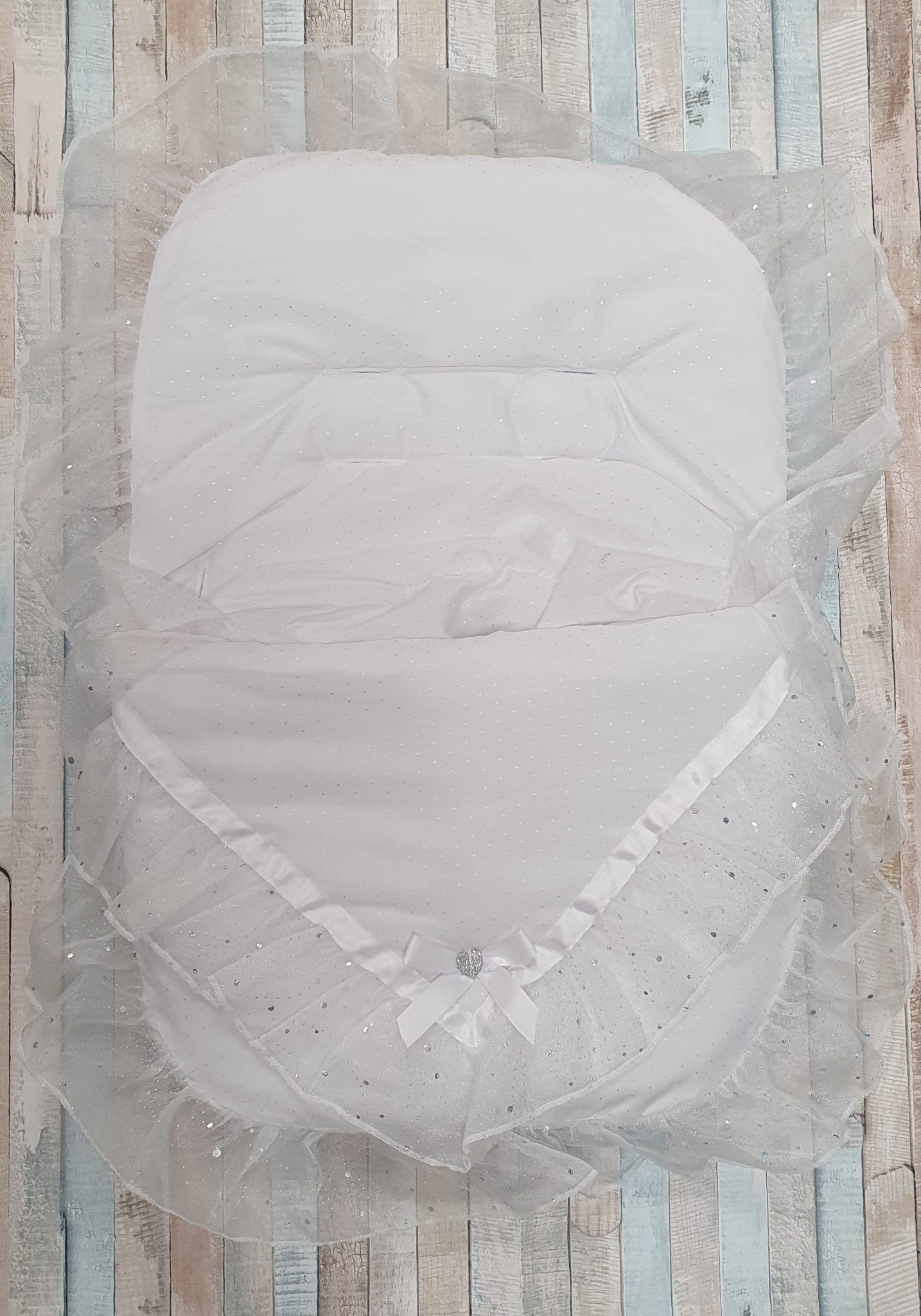 White Organza Sparkle & Lace Car Seat Footmuff /Cosytoes - Nana B Baby & Childrenswear Boutique