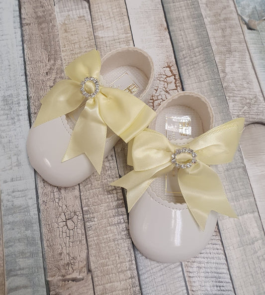 White Patent Soft Bottom Diamante Pram Shoe With Lemon Bow - Nana B Baby & Childrenswear Boutique