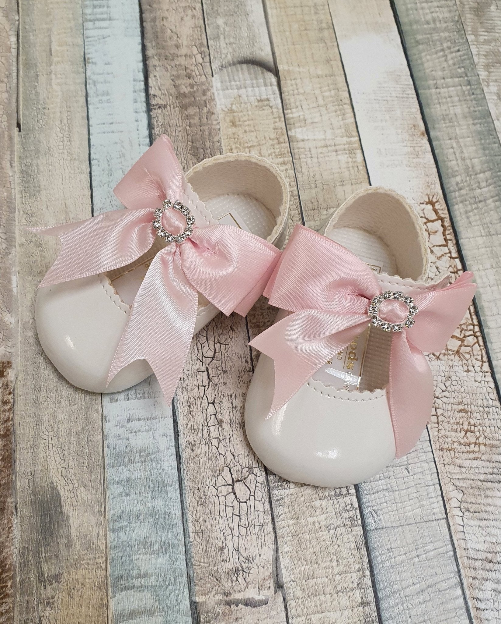 White Patent Soft Bottom Diamante Pram Shoe With Pink Ribbon Bow - Nana B Baby & Childrenswear Boutique