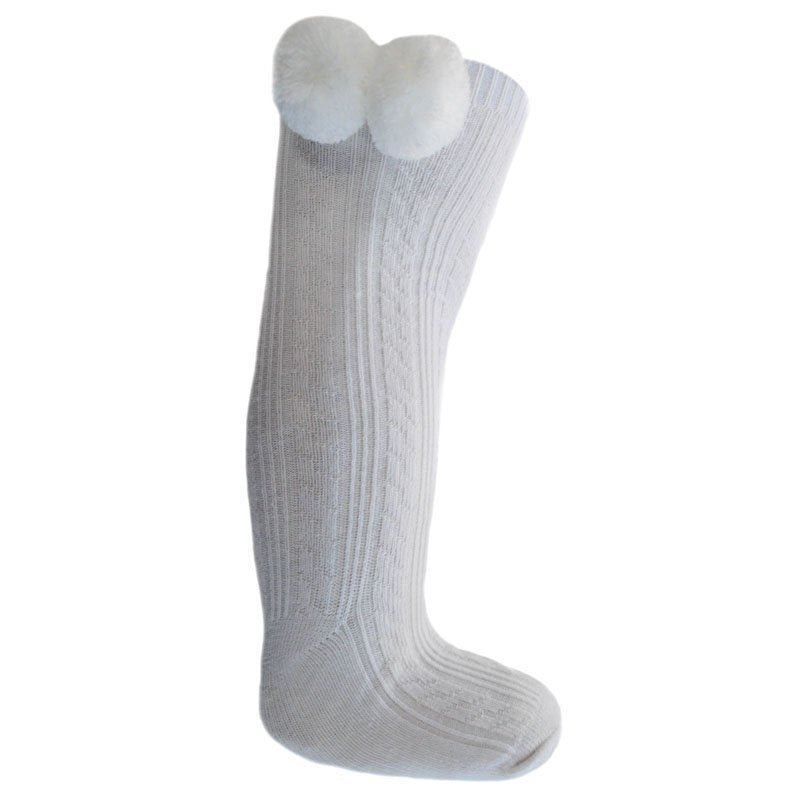 White Ribbed Knee Length Pom Pom Socks - Nana B Baby & Childrenswear Boutique
